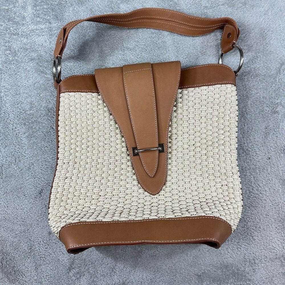 Kate Landry Woven Straw Leather Shoulder Bag Tan White Convertible Strap - Picture 2 of 7
